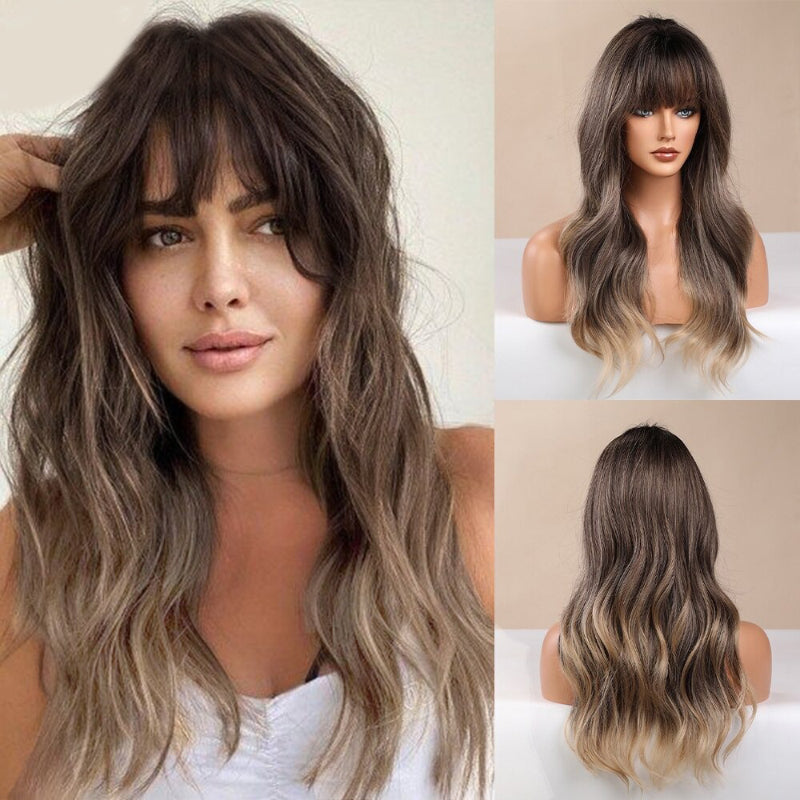 Women's Long Wavy Wig Pink High-Temperature Fiber with Bangs