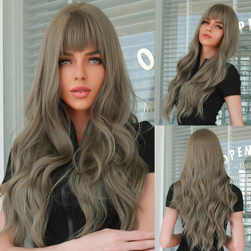 Women's Long Wavy Wig Pink High-Temperature Fiber with Bangs