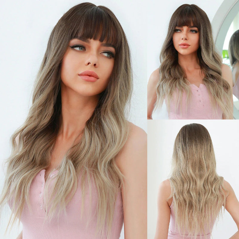 Women's Long Wavy Wig Pink High-Temperature Fiber with Bangs