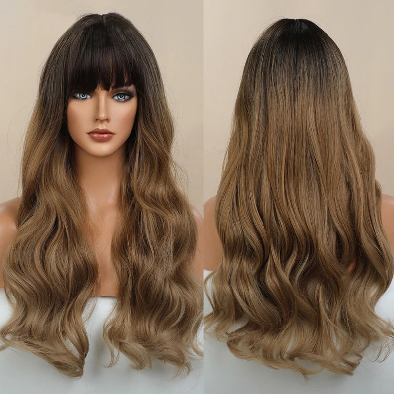 Women's Long Wavy Wig Pink High-Temperature Fiber with Bangs