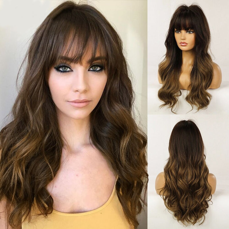 Women's Long Wavy Wig Pink High-Temperature Fiber with Bangs