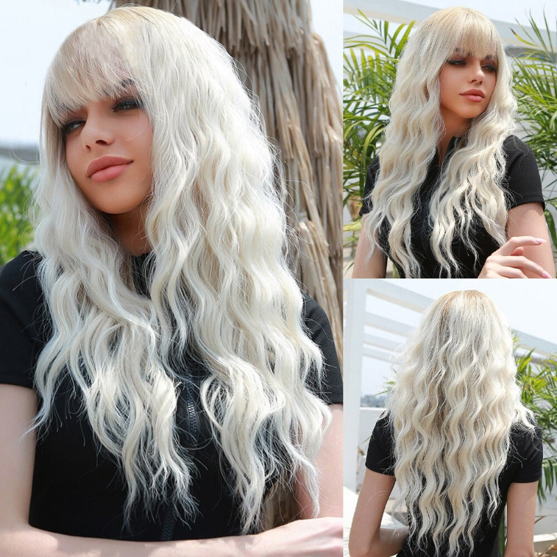 Women's Long Wavy Wig Pink High-Temperature Fiber with Bangs