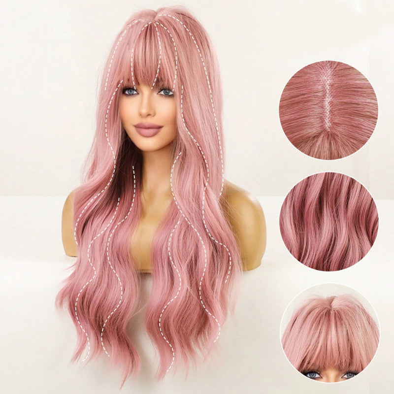 Women's Long Wavy Wig Pink High-Temperature Fiber with Bangs