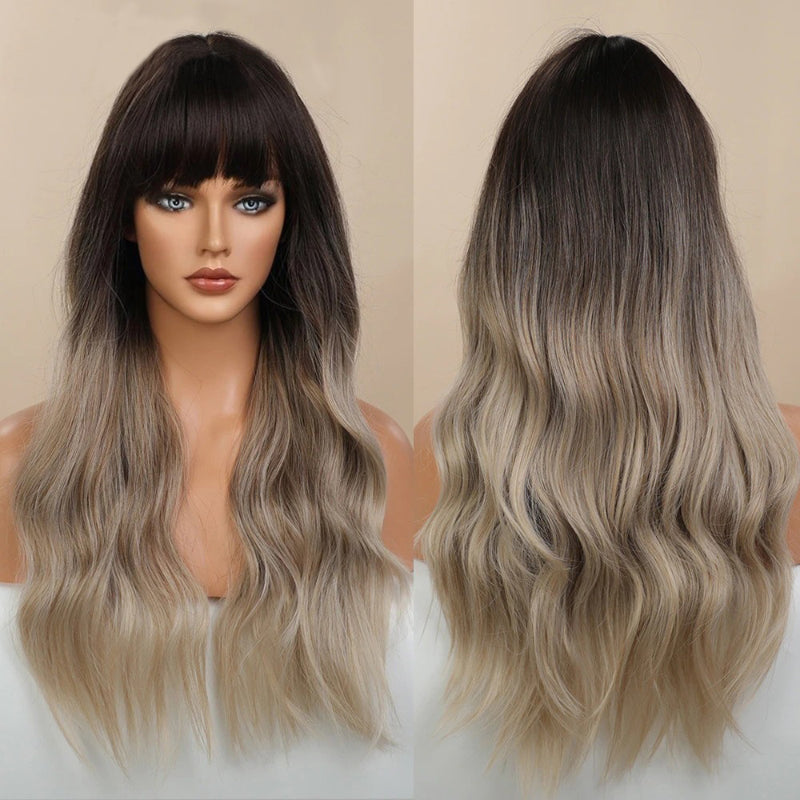 Women's Long Wavy Wig Pink High-Temperature Fiber with Bangs