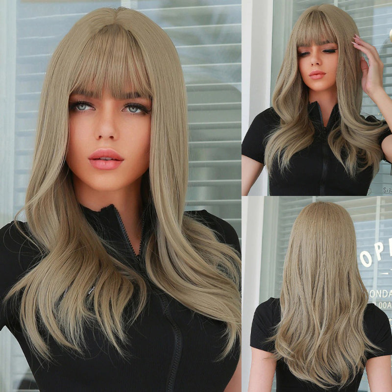 Women's Long Wavy Wig Pink High-Temperature Fiber with Bangs