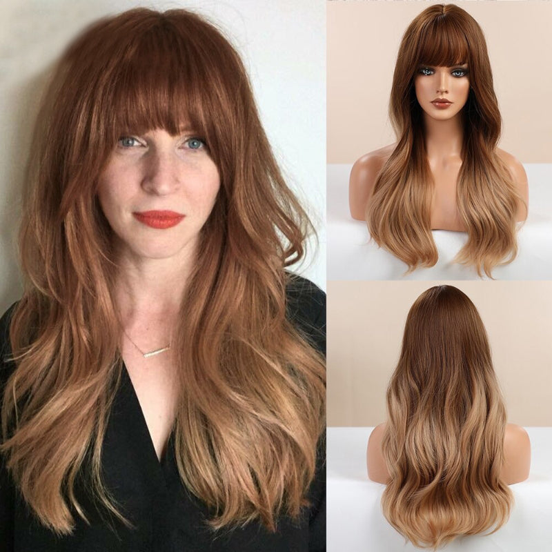 Women's Long Wavy Wig Pink High-Temperature Fiber with Bangs