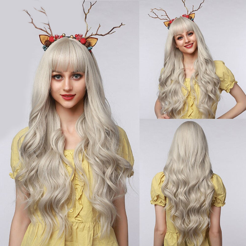 Women's Long Wavy Wig Pink High-Temperature Fiber with Bangs