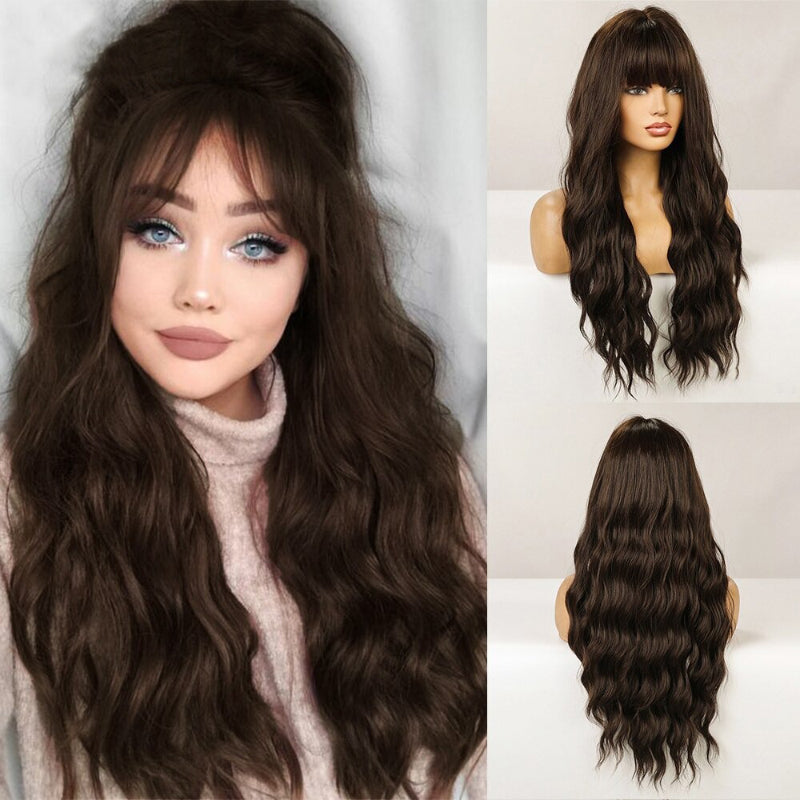 Women's Long Wavy Wig Pink High-Temperature Fiber with Bangs