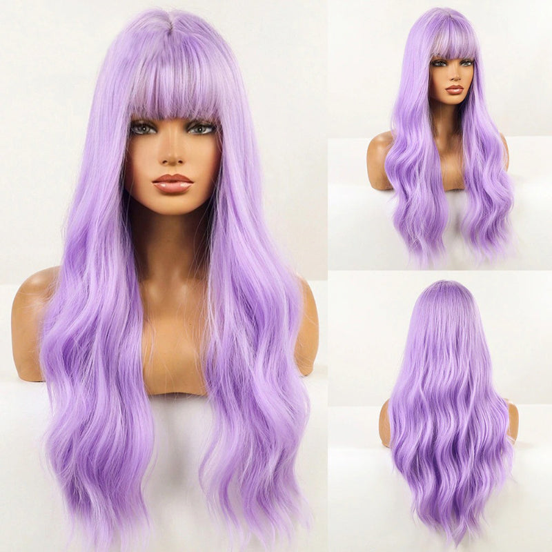 Women's Long Wavy Wig Pink High-Temperature Fiber with Bangs