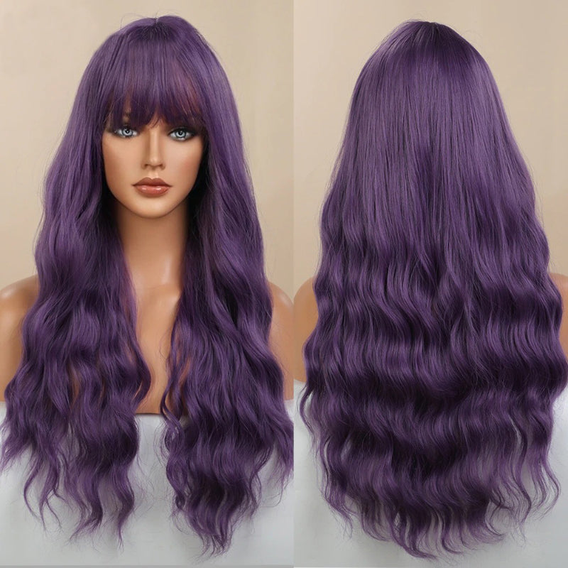 Women's Long Wavy Wig Pink High-Temperature Fiber with Bangs