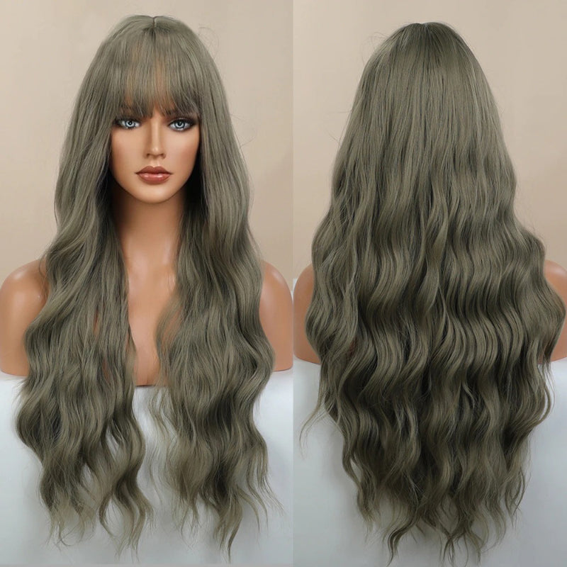 Women's Long Wavy Wig Pink High-Temperature Fiber with Bangs