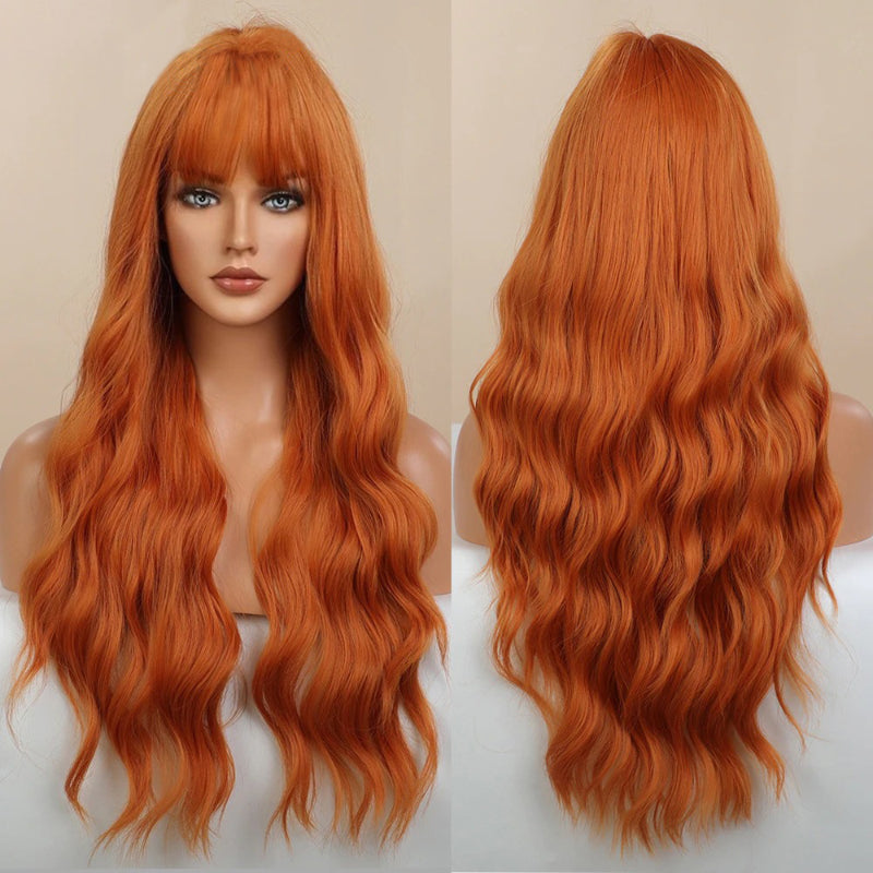 Women's Long Wavy Wig Pink High-Temperature Fiber with Bangs