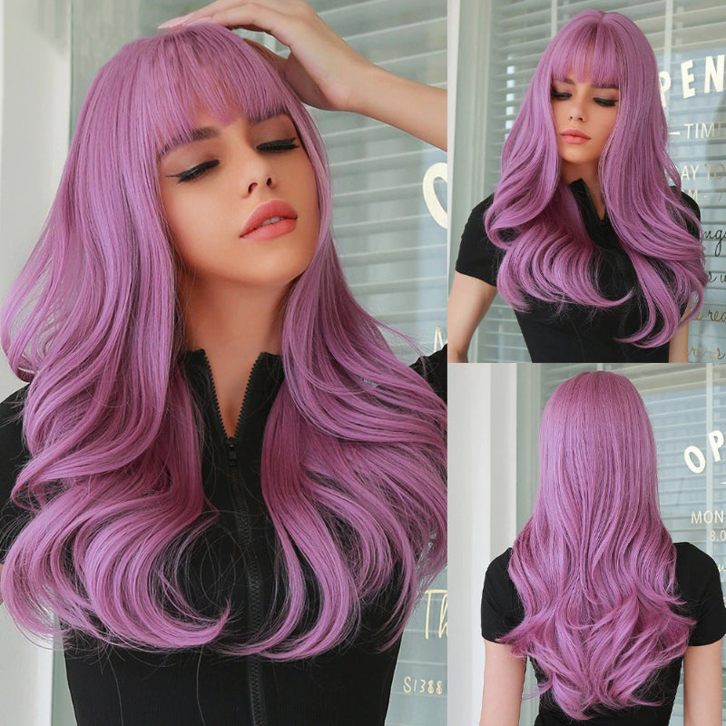 Women's Long Wavy Wig Pink High-Temperature Fiber with Bangs