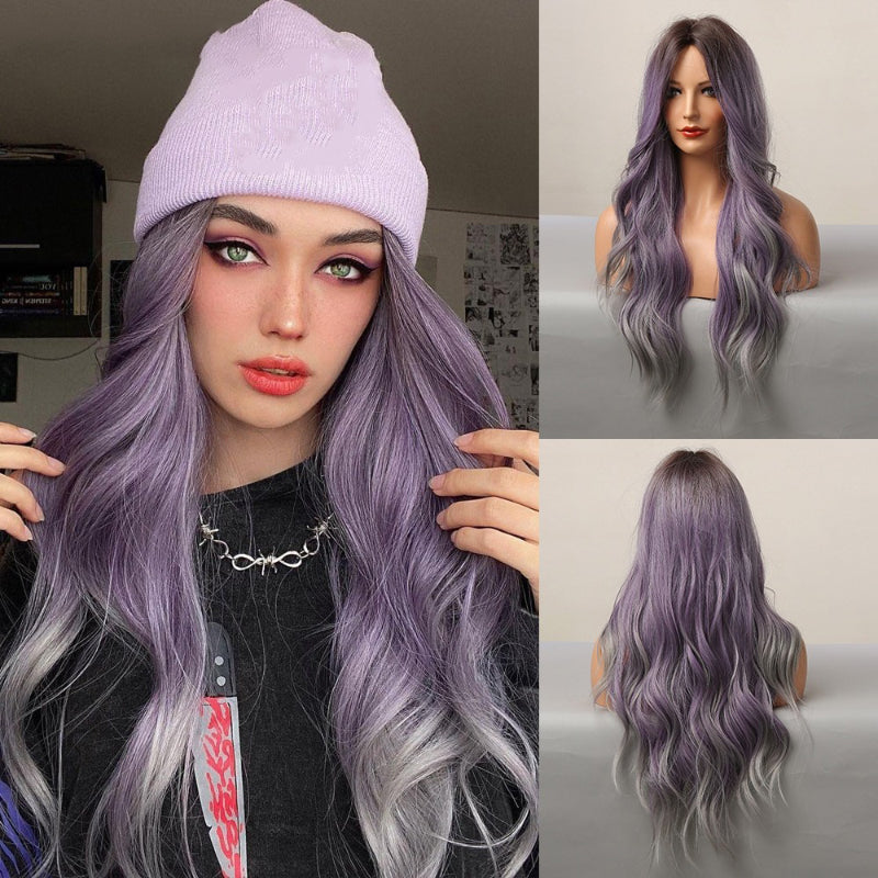 Women's Long Wavy Wig Purple Gray Ombre High-Temperature Fiber