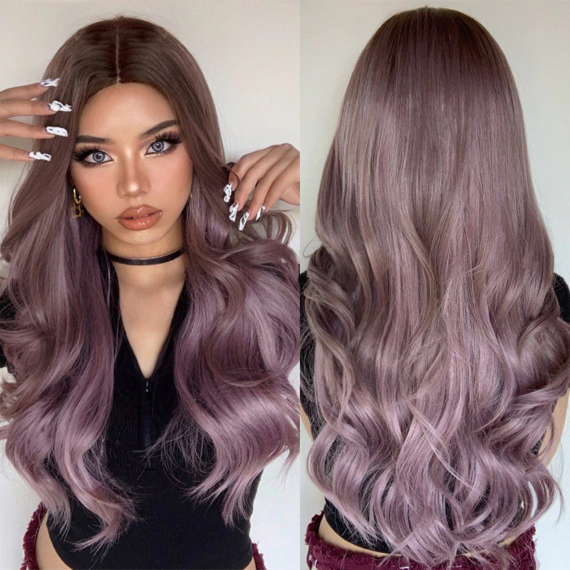Women's Long Wavy Wig Purple Gray Ombre High-Temperature Fiber