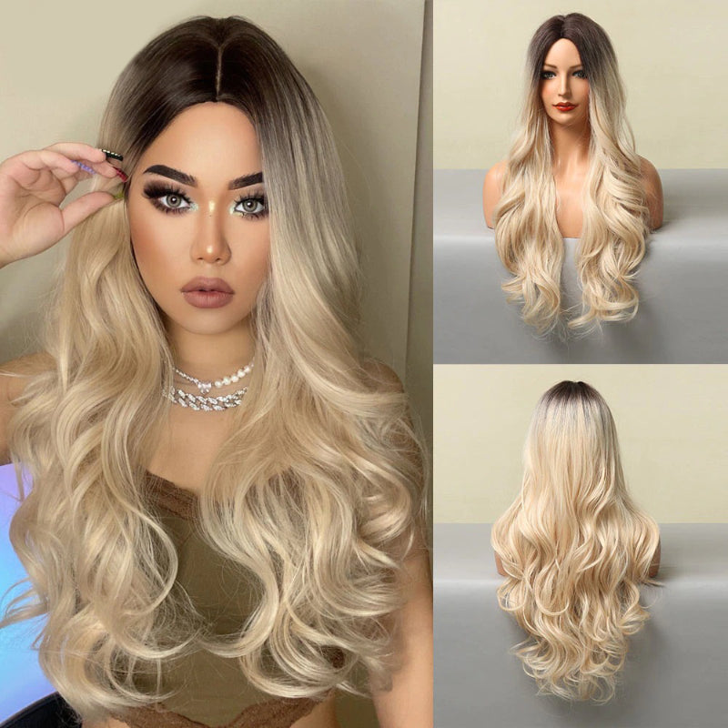 Women's Long Wavy Wig Purple Gray Ombre High-Temperature Fiber