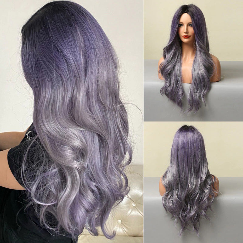 Women's Long Wavy Wig Purple Gray Ombre High-Temperature Fiber