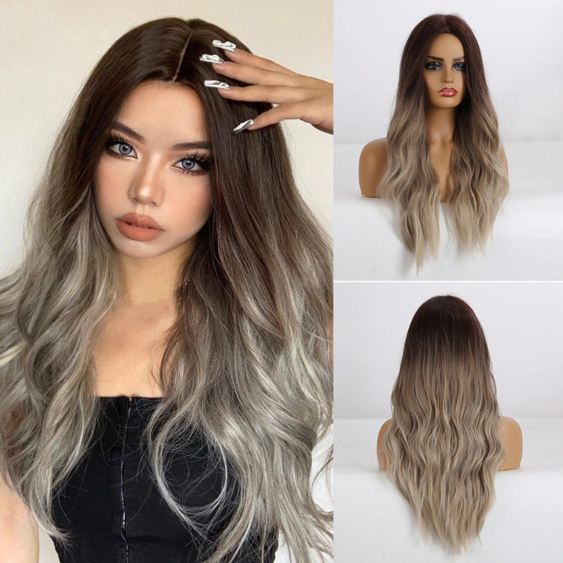 Women's Long Wavy Wig Purple Gray Ombre High-Temperature Fiber