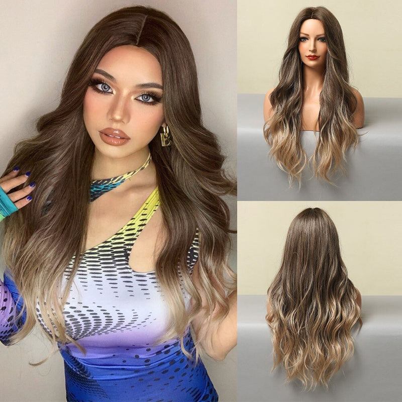 Women's Long Wavy Wig Purple Gray Ombre High-Temperature Fiber