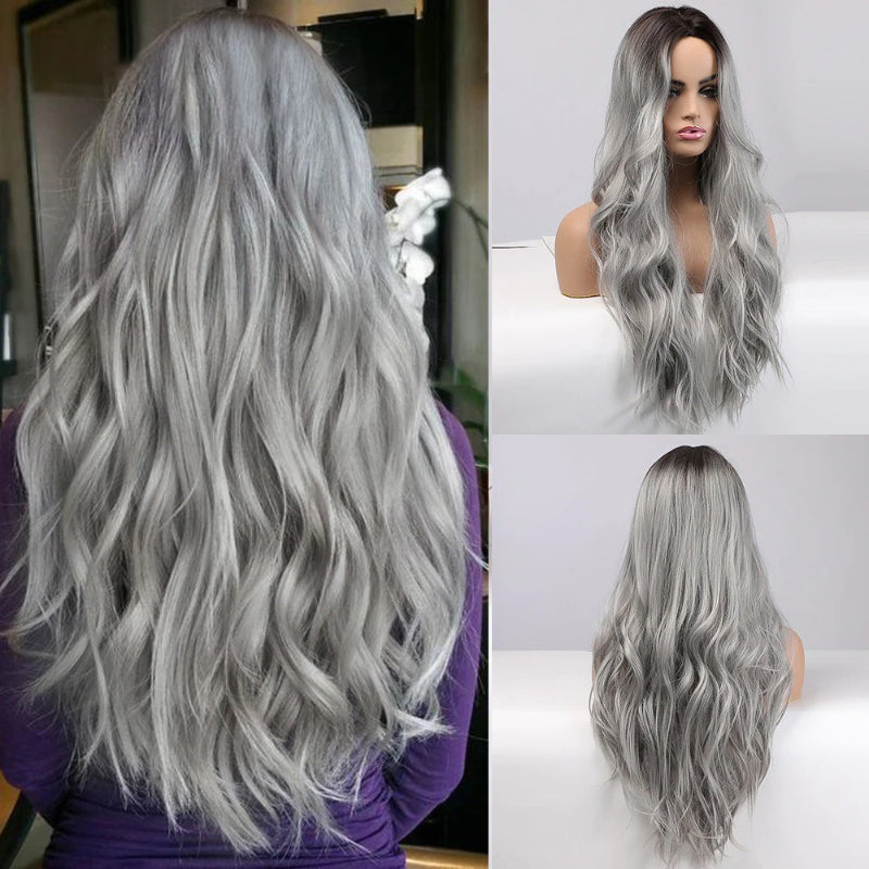 Women's Long Wavy Wig Purple Gray Ombre High-Temperature Fiber