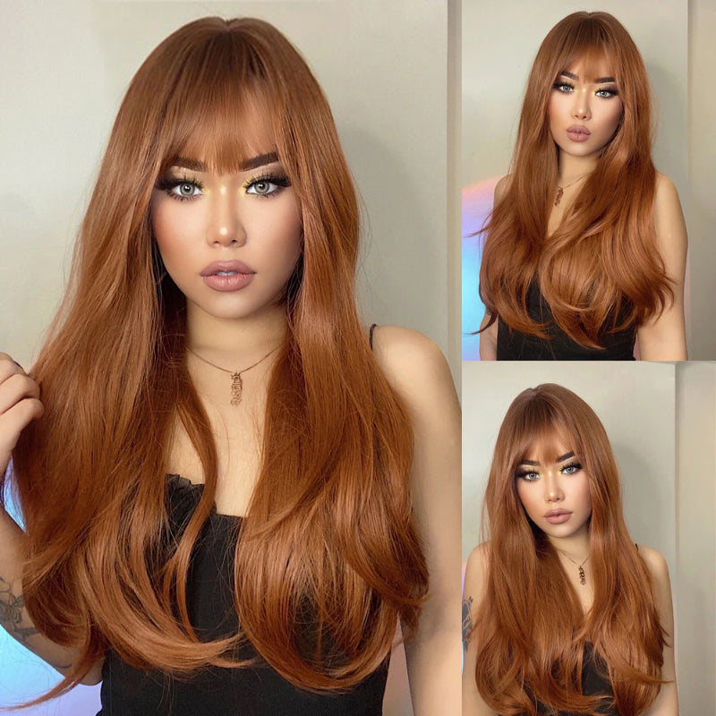 Women's Long Wig Copper Brown Synthetic Fiber with Bangs
