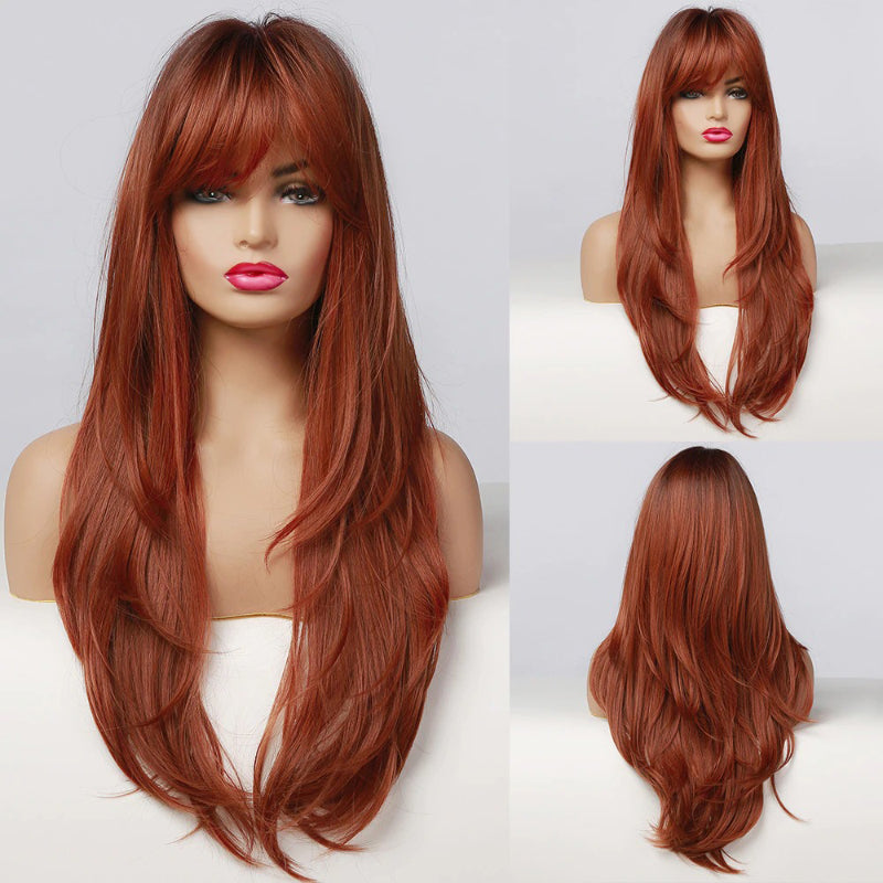 Women's Long Wig Copper Brown Synthetic Fiber with Bangs