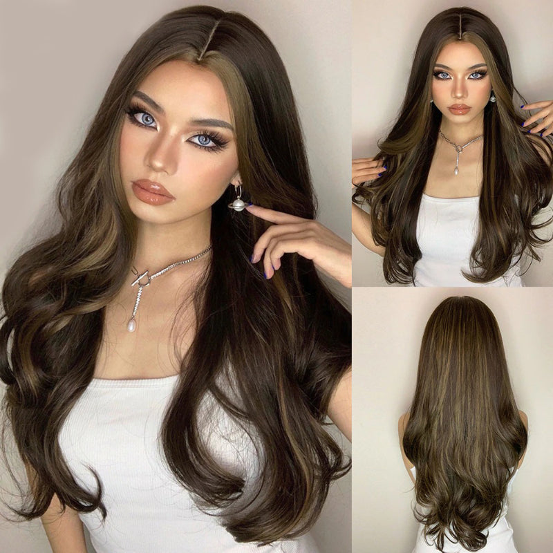 Women's Long Wig Copper Brown Synthetic Fiber with Bangs