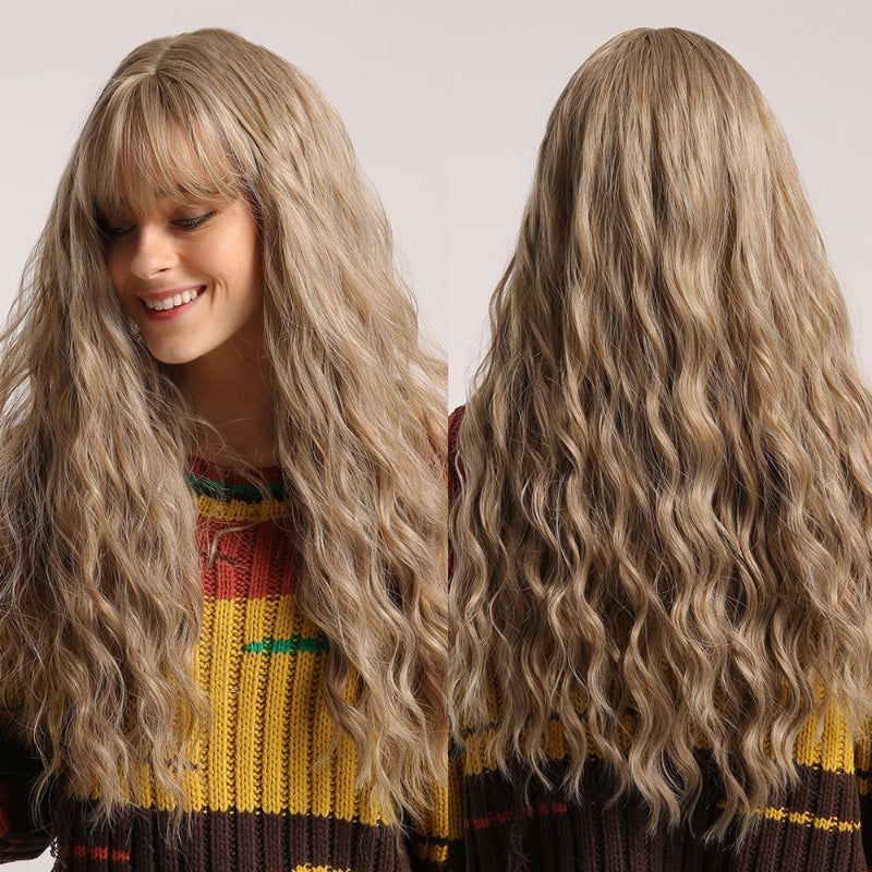 Women's Long Wig Copper Brown Synthetic Fiber with Bangs