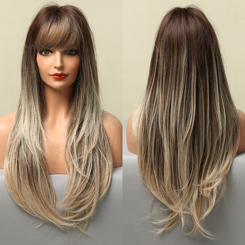 Women's Long Wig Copper Brown Synthetic Fiber with Bangs