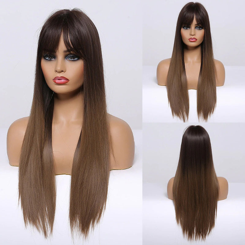 Women's Long Wig Copper Brown Synthetic Fiber with Bangs