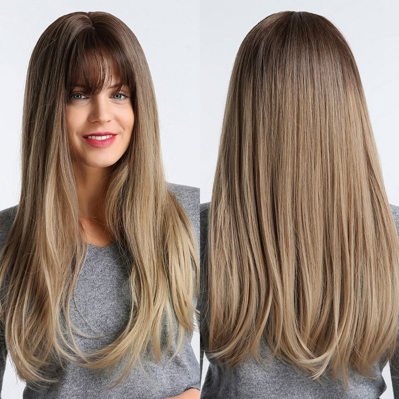 Women's Long Wig Copper Brown Synthetic Fiber with Bangs