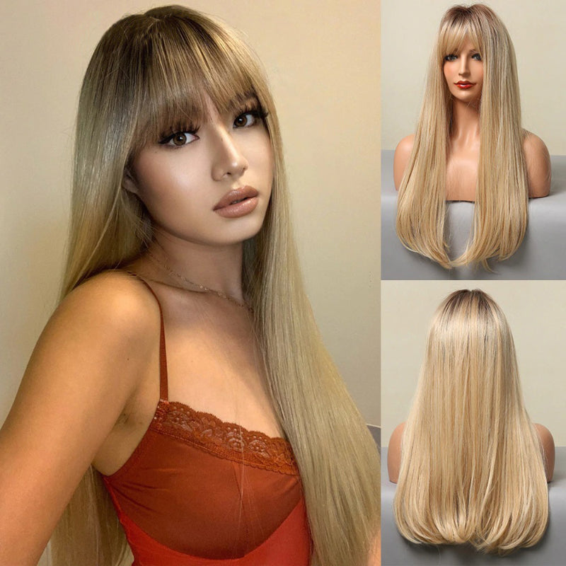 Women's Long Wig Copper Brown Synthetic Fiber with Bangs