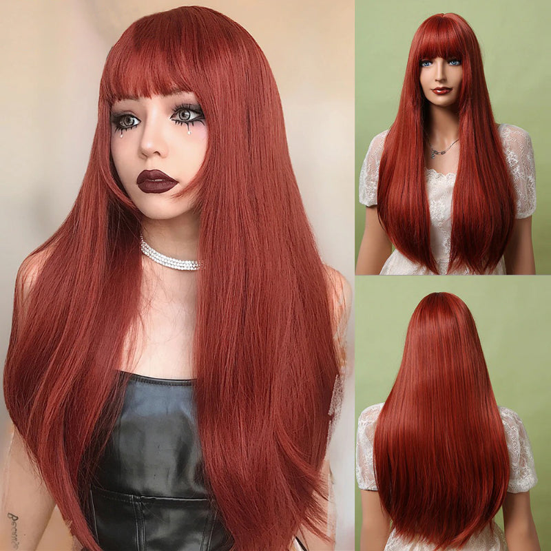 Women's Long Wig Copper Brown Synthetic Fiber with Bangs