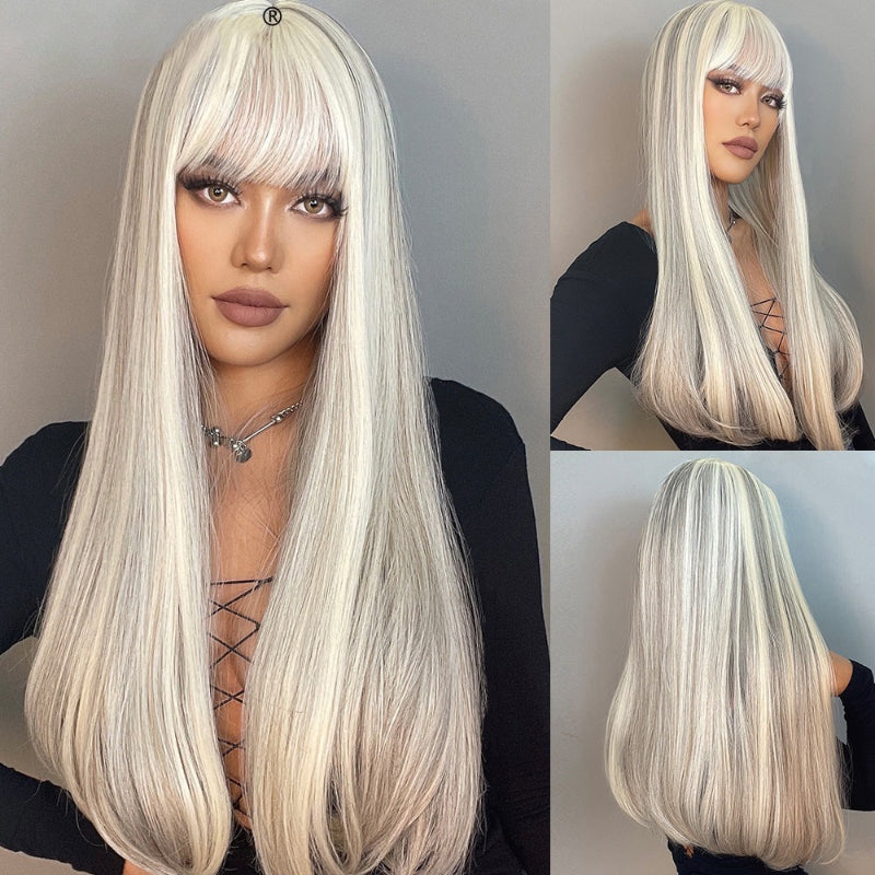 Women's Long Wig Copper Brown Synthetic Fiber with Bangs