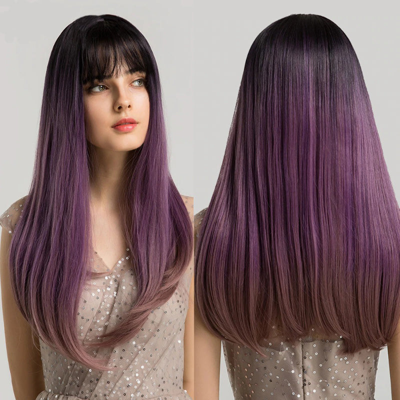 Women's Long Wig Copper Brown Synthetic Fiber with Bangs