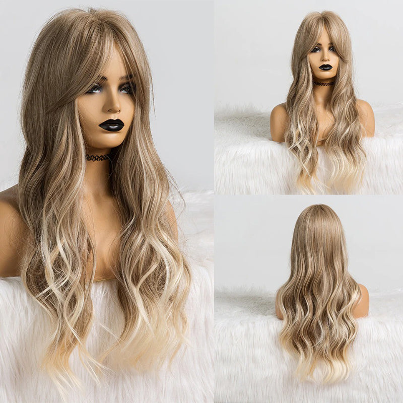 Women's Long Wig Copper Brown Synthetic Fiber with Bangs