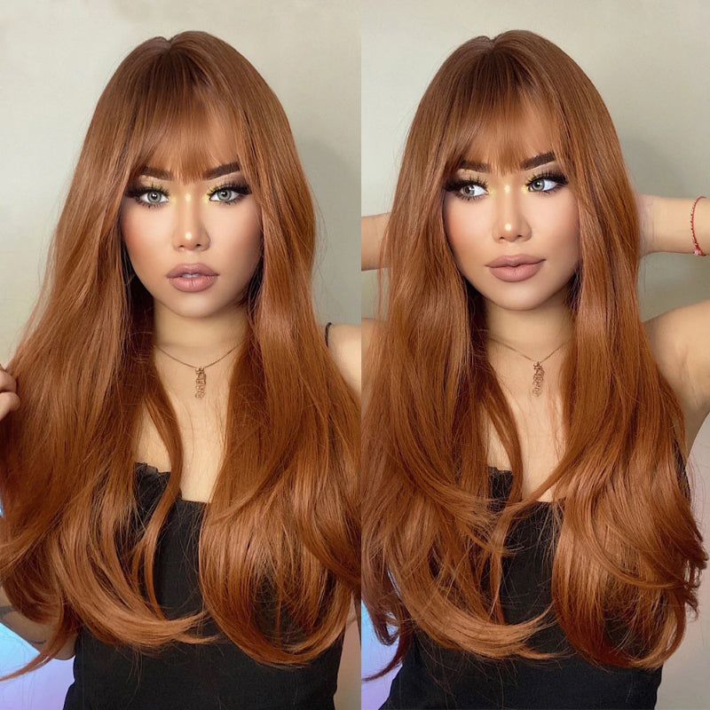 Women's Long Wig Copper Brown Synthetic Fiber with Bangs