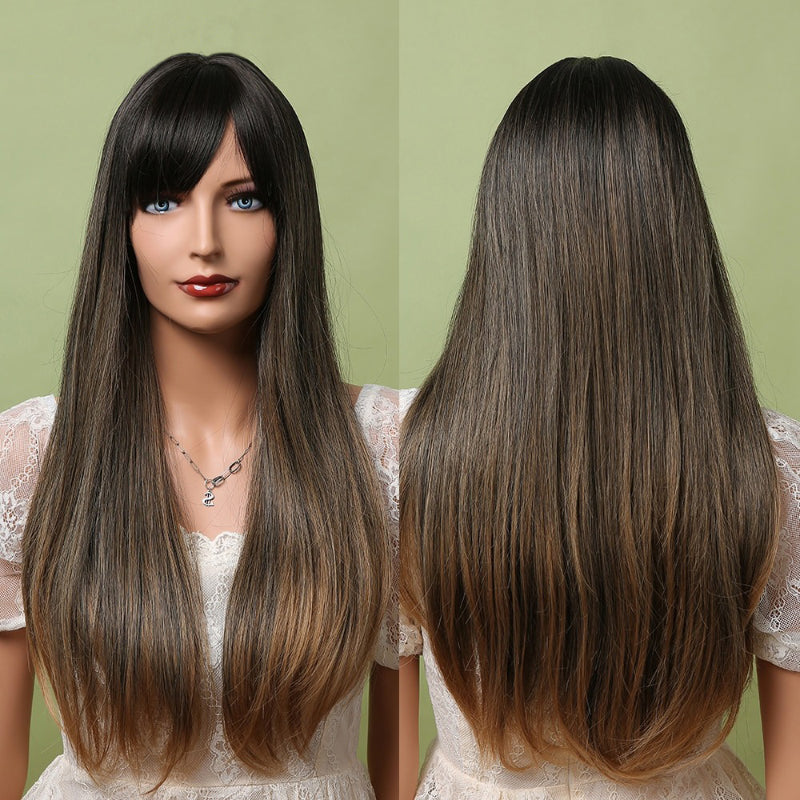 Women's Long Wig Copper Brown Synthetic Fiber with Bangs