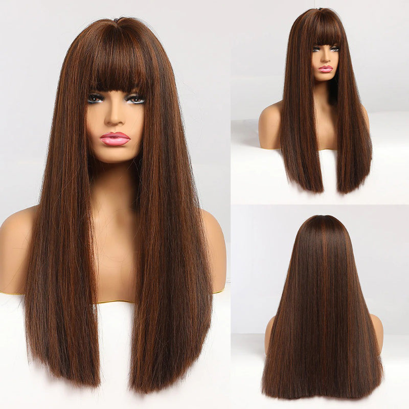Women's Long Wig Copper Brown Synthetic Fiber with Bangs