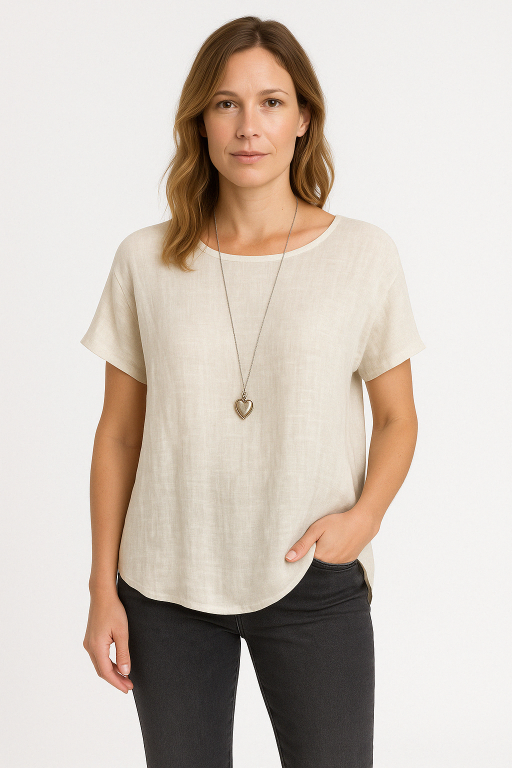 Women's Loose Fit Linen Blend T-Shirt with Short Sleeves and Curved Hem