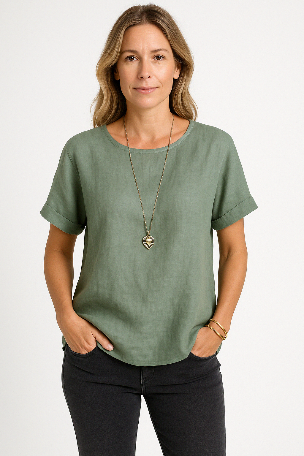 Women's Loose Fit Linen Blend T-Shirt with Short Sleeves and Curved Hem