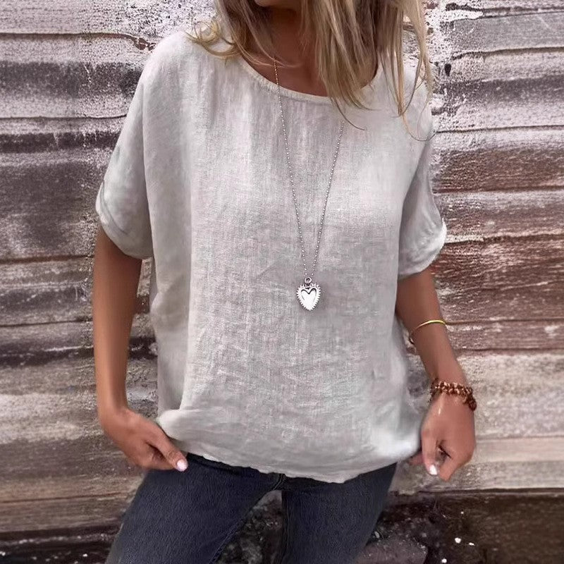 Women's Loose Fit Linen Blend T-Shirt with Short Sleeves and Curved Hem