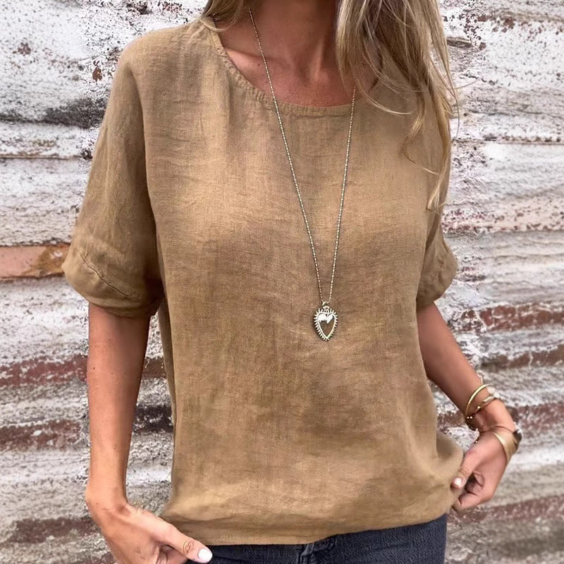 Women's Loose Fit Linen Blend T-Shirt with Short Sleeves and Curved Hem