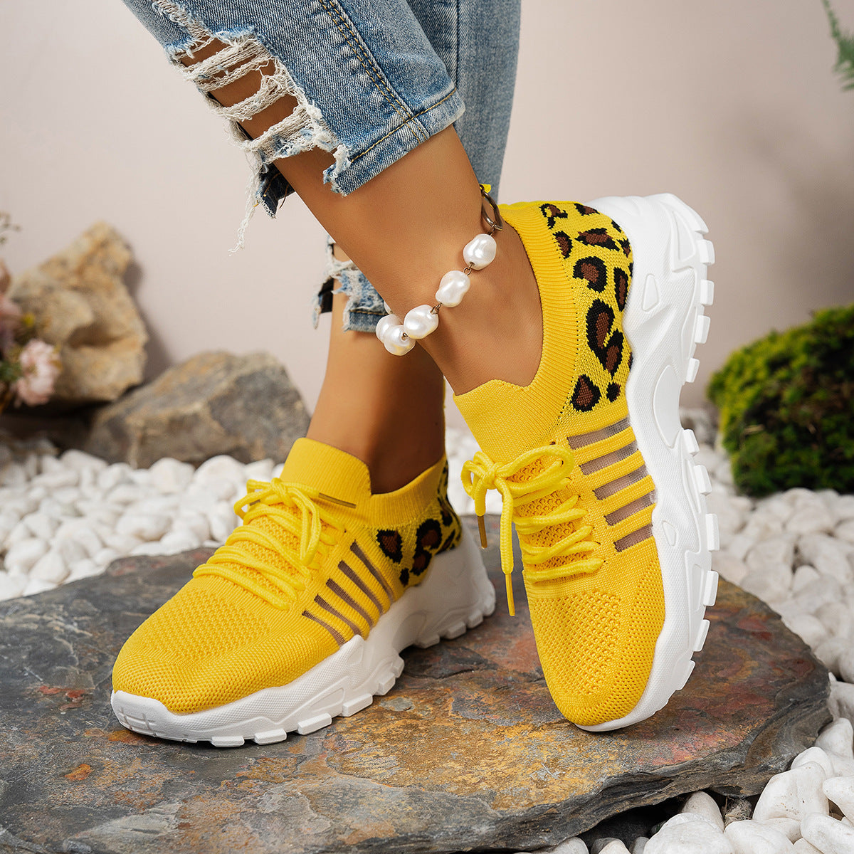 Women’s Low-Top Athletic Sneakers with Flyknit Upper and Wave Sole – Animal Print Design