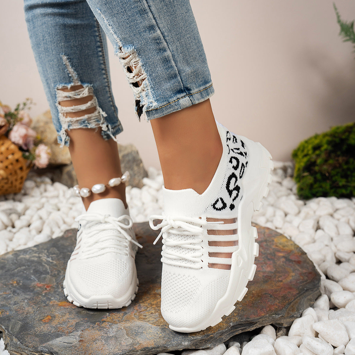 Women’s Low-Top Athletic Sneakers with Flyknit Upper and Wave Sole – Animal Print Design