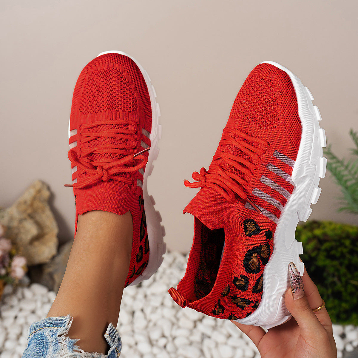 Women’s Low-Top Athletic Sneakers with Flyknit Upper and Wave Sole – Animal Print Design