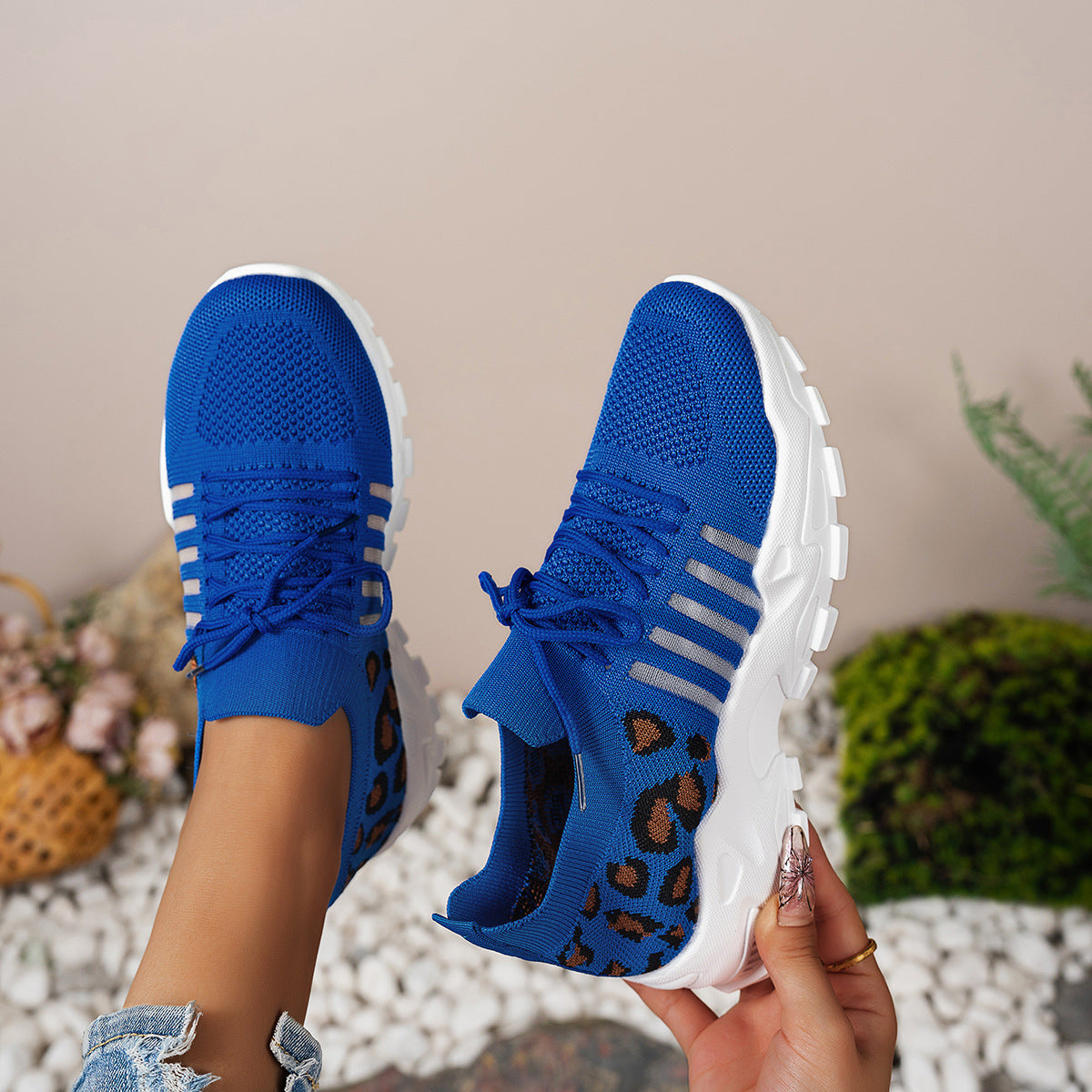 Women’s Low-Top Athletic Sneakers with Flyknit Upper and Wave Sole – Animal Print Design