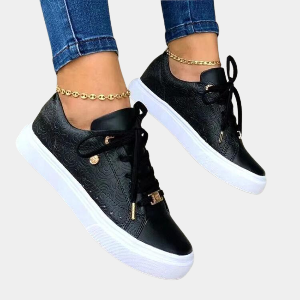 Women's Low-Top Fashion Sneakers with Embossed Floral Pattern and Lace-Up Design