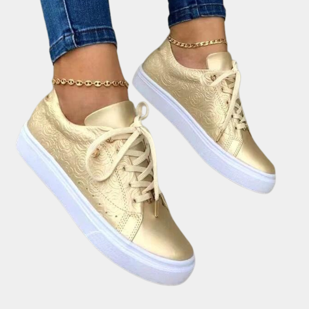 Women's Low-Top Fashion Sneakers with Embossed Floral Pattern and Lace-Up Design