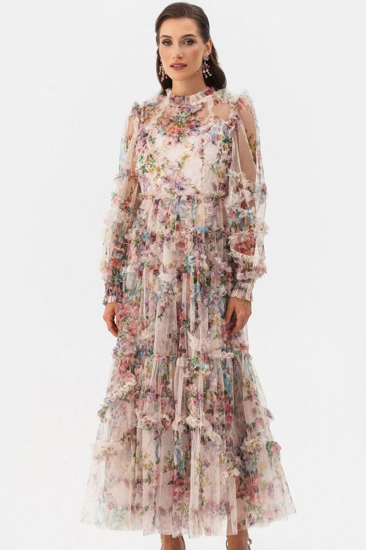 Women's Maxi Dress Apricot Tulle Floral Elegant